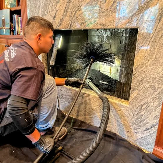 Technician using a professional vacuum while cleaning a residential fireplace