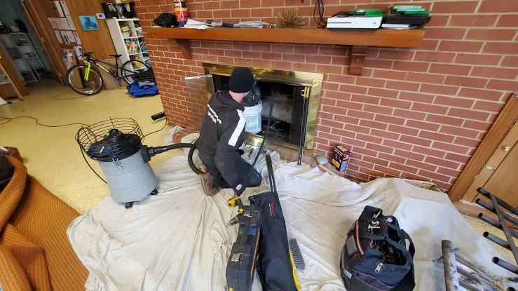 Chimney sweep preparing a residential fireplace and hearth for cleaning