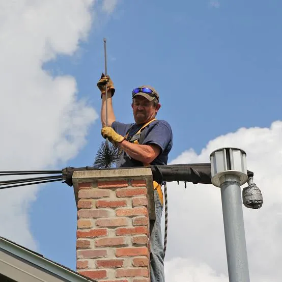 Chimney maintenance professional working above a brick chimney with hand tools