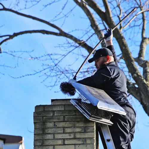Chimney specialist evaluating flashing and exterior components around a masonry chimney